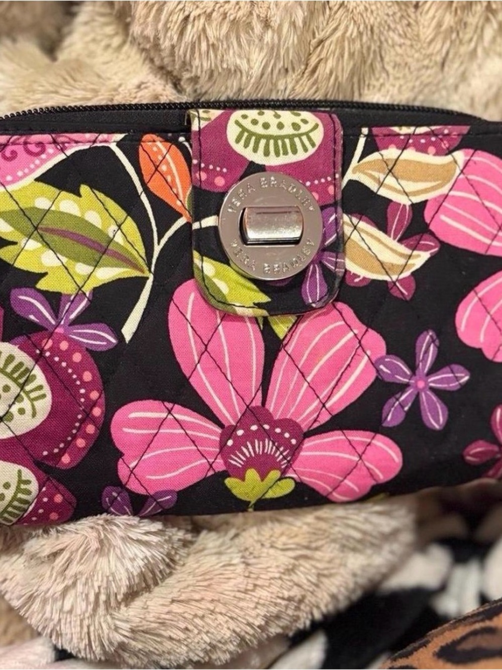 Vera Bradley Black Floral Quilted Wristlet with Pink & Purple Blooms